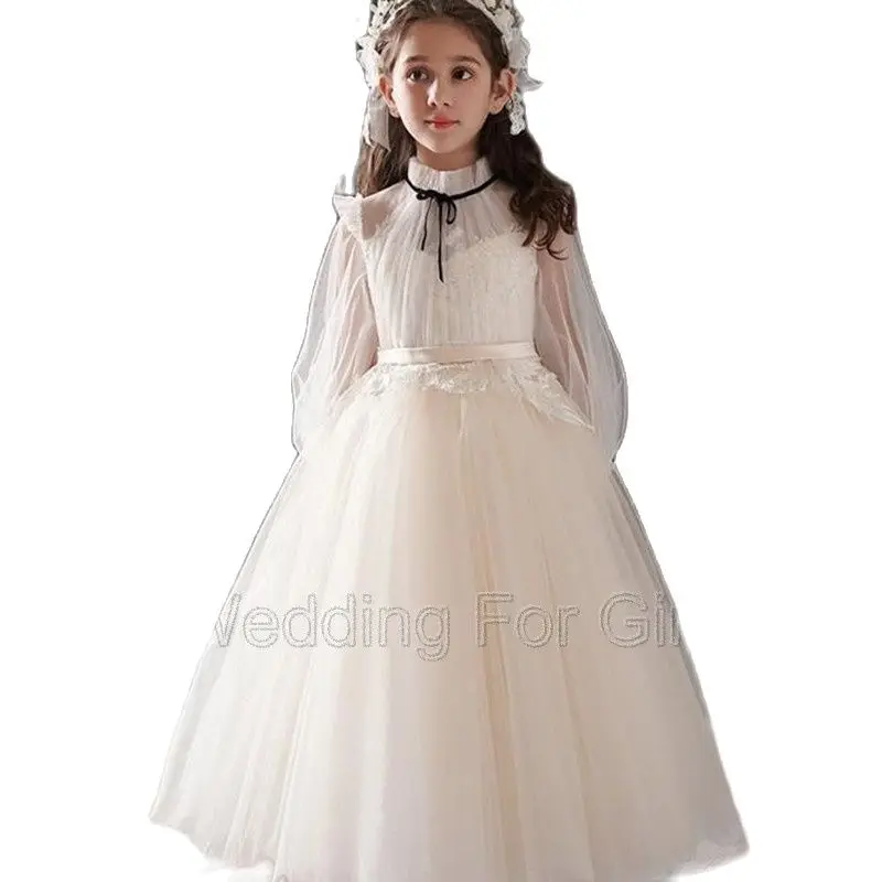 

Ivory 0-16 Years Old Vintage Flower Girl Dress For Wedding Sheer Long Sleeve High Neck Puffy Kids First Communion Princess Gown
