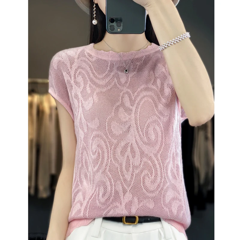 Summer New Hollow Jacquard Worsted Wool Knitted T-shirt Women's Loose Round Neck Underlay Solid Color Half Sleeve Top
Summer New Hollow Jacquard Worsted Wool Knitted T-shirt Women's Loose Round Neck Underlay Solid Color Half Sleeve Top