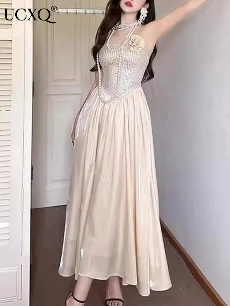 

UCXQ Fairy Style Sequin Patchwork 3D Flower Waistband Sleeveless Dress Elegant Cross Strap Dresses Women 2024 Spring Summer 8116
