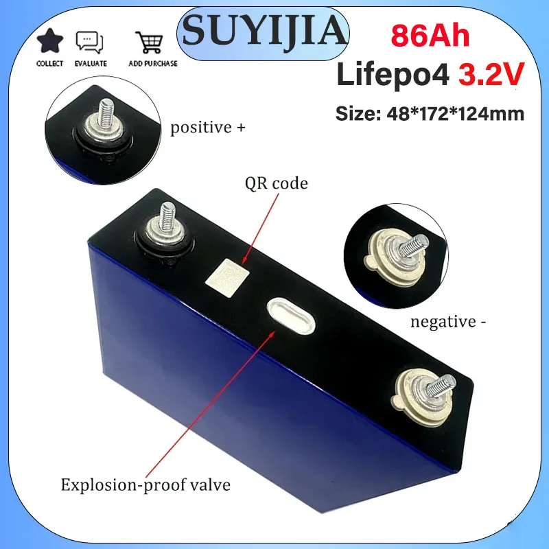 

3.2V Lifepo4 Battery 86Ah Rechargeable Lithium Iron Phosphate Battery DIY Cells for Solar Energy Storage System Camper Vehicle