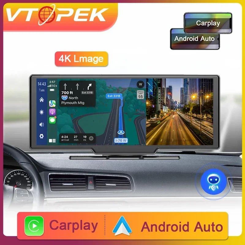 

Vtopek 10.26" 4K Car Mirror Video Recording Carplay & Android Auto Wireless Connection GPS Navigation AI Voice Dashboard DVR