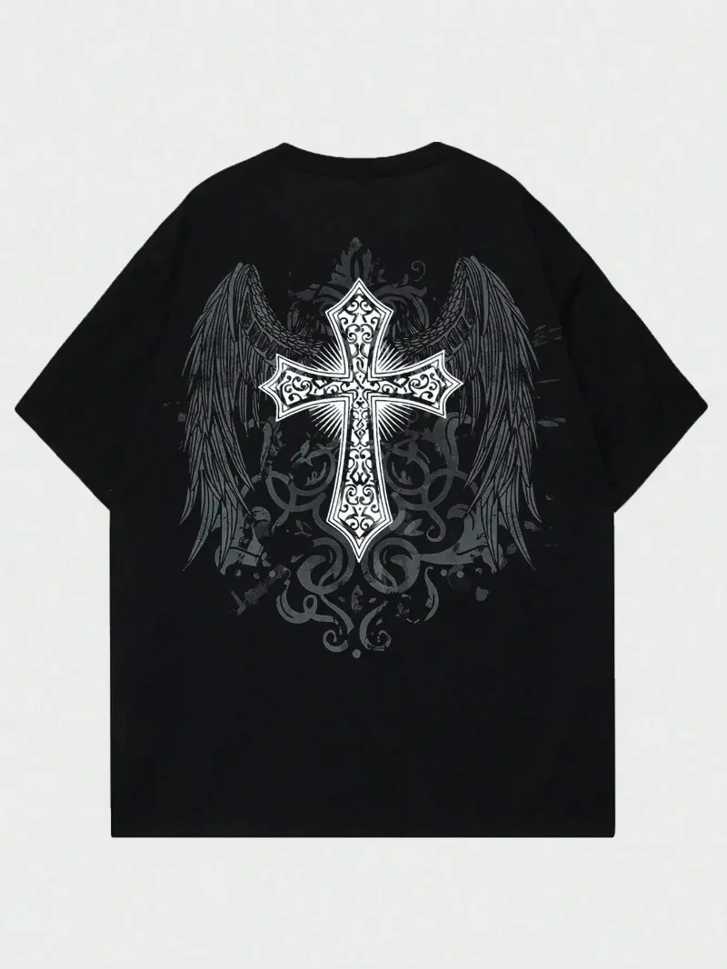 

Men's T-shirt Y2k American Street Crewneck Short Sleeve Casual Regular T-shirt 2024 New Angel Wings Printed Short Sleeve