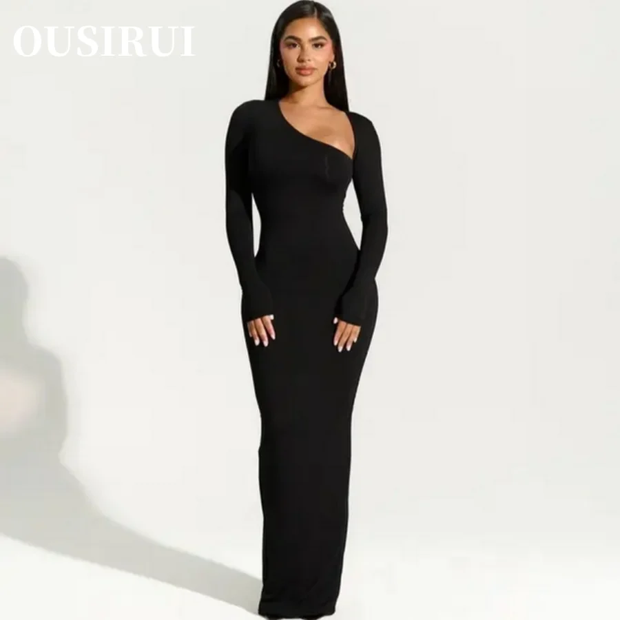 

OUSIRUI 2024 Fall Winter New Outfits Asymmetrical Long Sleeve Slit Maxi Dresses Sexy Black Evening Party Dress Women Elegant