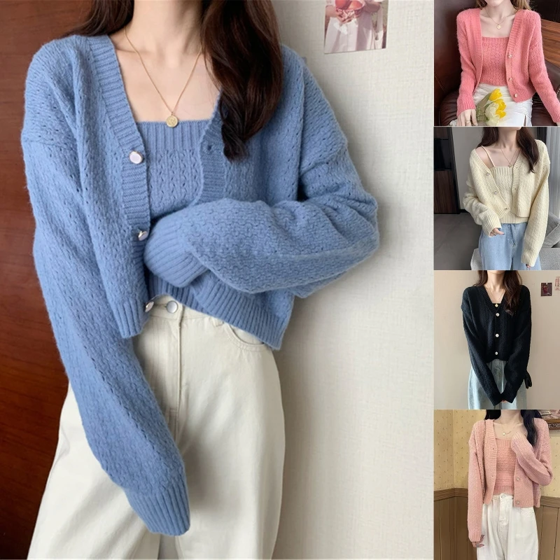 

Women Long Sleeve Button Down Knit Solid Cropped Cardigan 2Pcs Cami for Tank Top Dropship