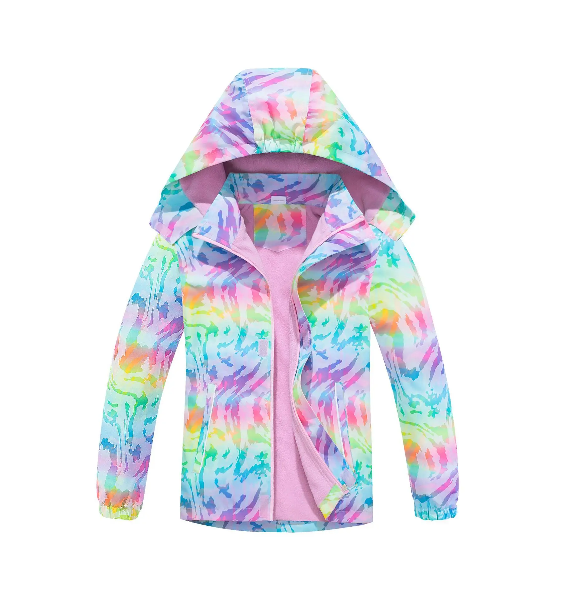 

Waterproof Warmth Fleece Lined Detachable Hood Baby Girls Colorful Tie Dye Zip Jackets Child Coats Kids Outfit Tops 3-11 Years