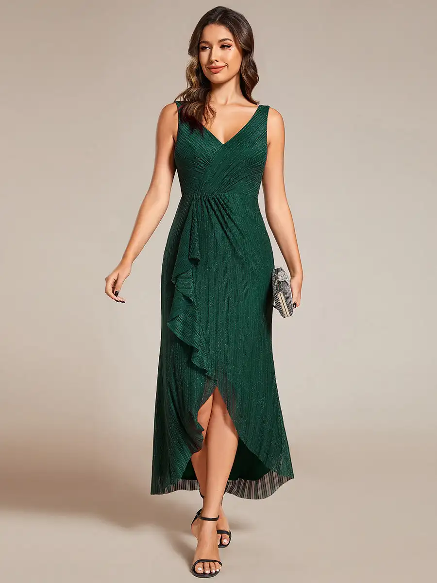 

Gorgeous Evening Dresses High-Low Ruffle Mermaid with V-Neck Midi Length 2024 Ever Pretty of Dark Green Wedding Guest Dress