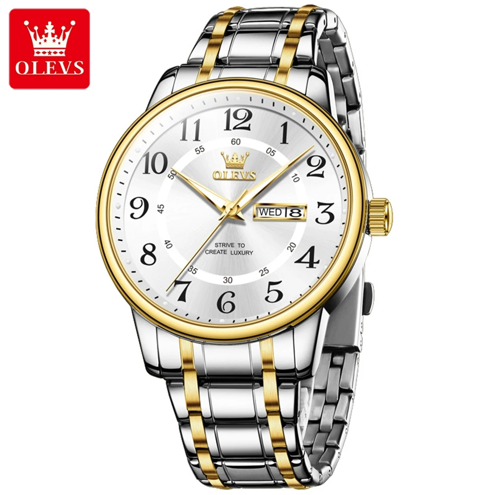 

OLEVS Original Quartz Wristwatch Simple Roman Numeral Dial Date Week Display Men's Watches Luminous Stainless Steel Watch
