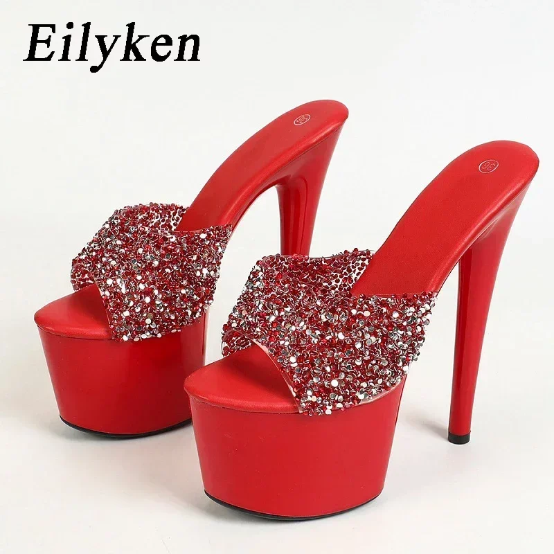 

Eilyken Fashion Bling Sequin Fetish Thin High Heels Woman Slippers Sexy Platform Open Toe Stripper Slide Summer Shoes