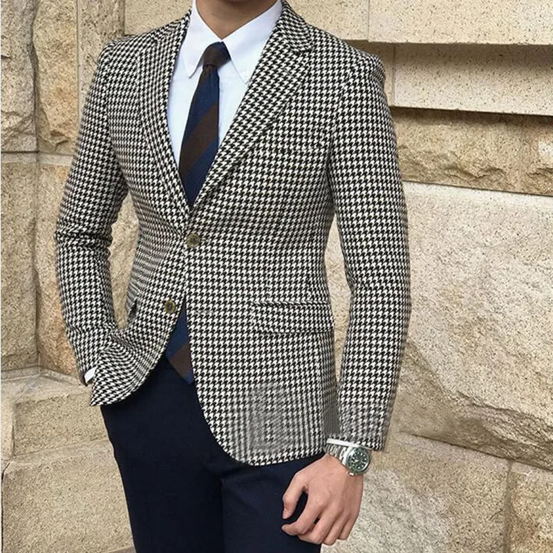 

Casual Plaid Men Suits for Groom 2 Piece Wedding Tuxedos Checked Houndstooth Suit for Men Slim Fit Male Fashion Blazer Pants