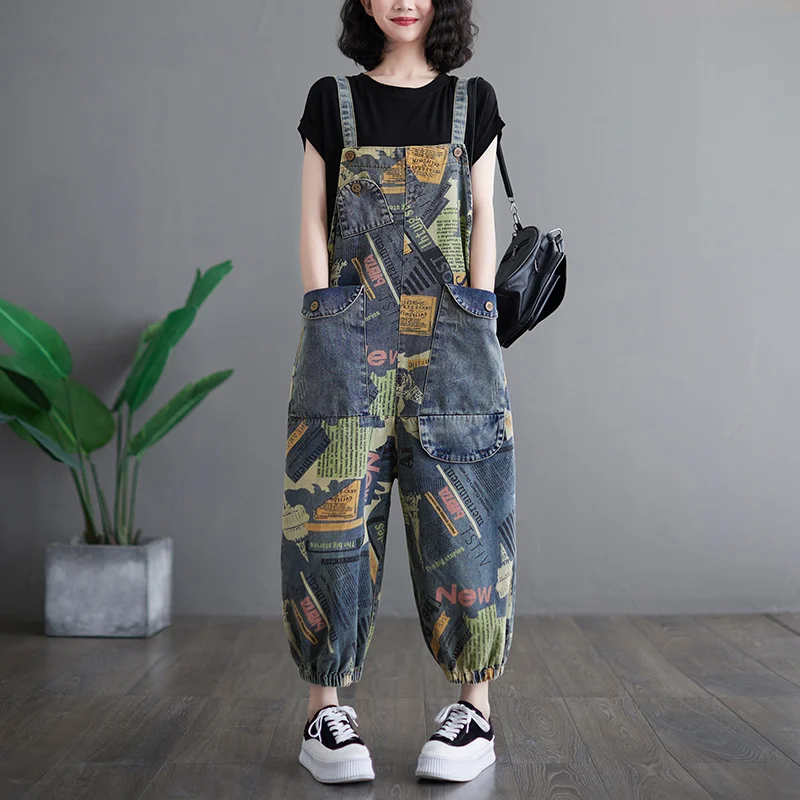 

#2356 Spring Full Letters Printed Jeans Jumpsuits Women Big Pockets Loose Vintage Denim Jumpsuits Rompers Womens Retro Overalls