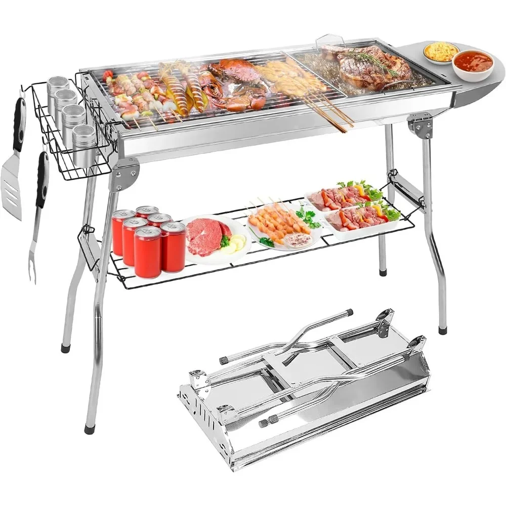 

Portable Charcoal Grill, Upgraded Folding Large Barbecue Charcoal Grill W/Board Shelf & Flavoring Storage Basket,