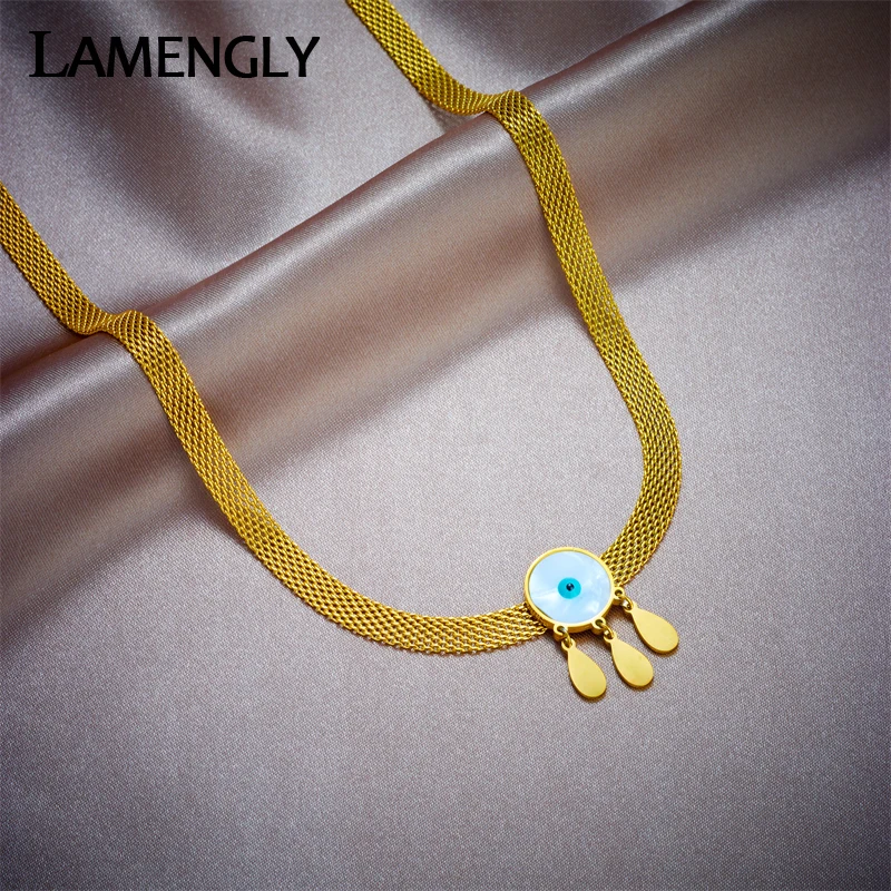 

LAMENGLY 316L Stainless Steel Round Eye Teardrop Choker Pendant Necklace For Women Girl New Trend Waterproof Chain Jewelry Gift