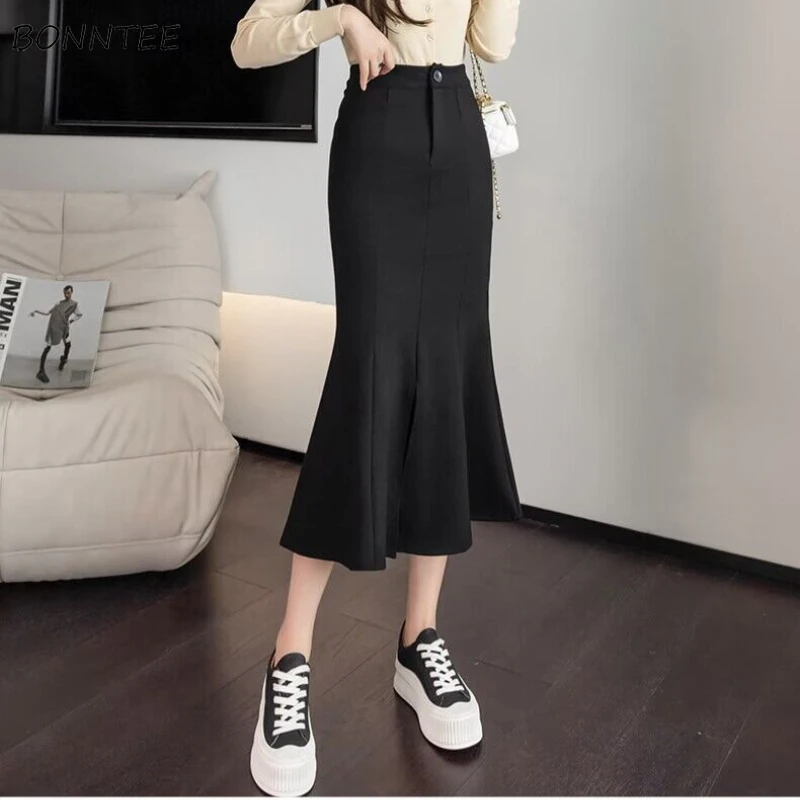 

Black Trumpet Skirts Women Slit Temperament Female Mature Summer Ladylike Empire Graceful Korean Style Simple Popular All-match