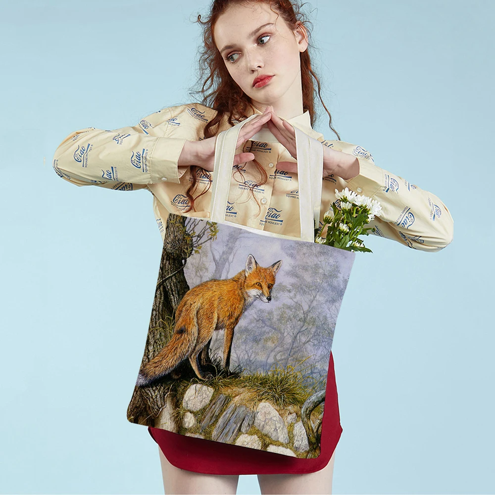

Watercolor Women Shopping Bag Fox Bird Squirrel Print Both Sided Reusable Canvas Cartoon Animal Casual Tote Shoulder Handbag