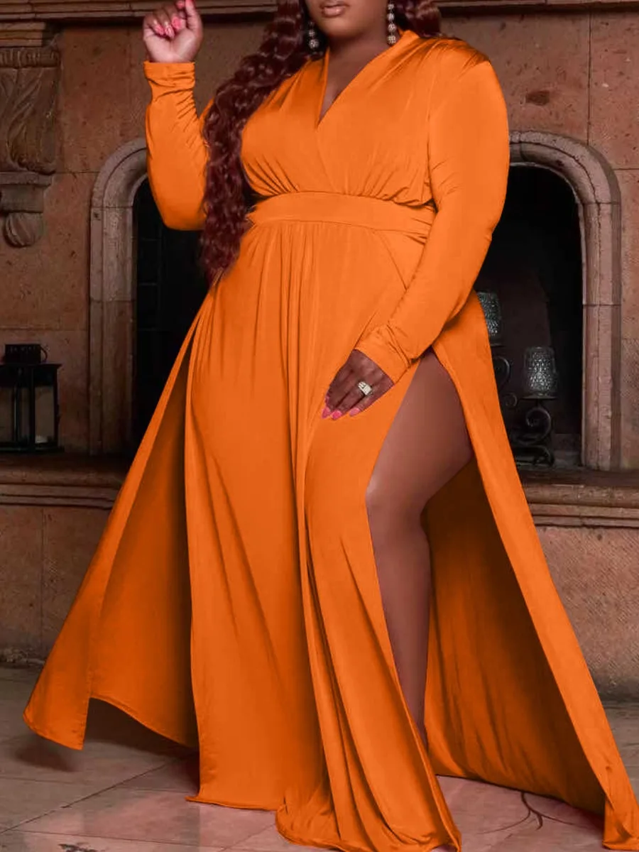 

LW Elegant V Neck Thigh Split Loose Dress Long Sleeve Ankle Length Plain Maxi Dresses Autumn Spring Nipped Waist Vestidos