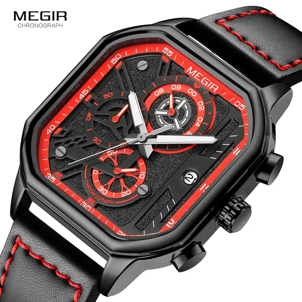 

MEGIR Watch Men with Square Dial Leather Strap Fashion Military Sport Chronograph Analog Quartz Wristwatch with Auto Date 8106