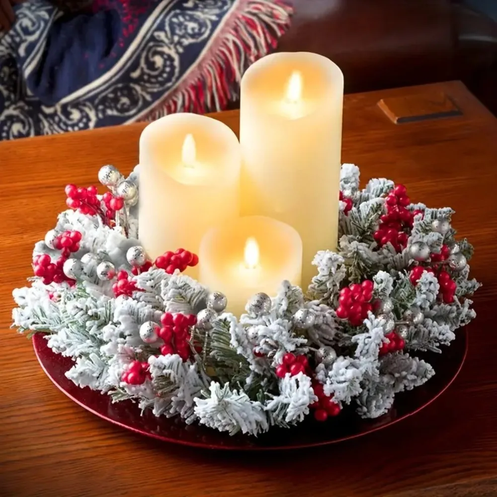 

Christmas Flocking Wreath 28/40cm Artificial Snow Vine Berry Candle Wreath Candles Base Decor Christmas Wedding Table Ornament