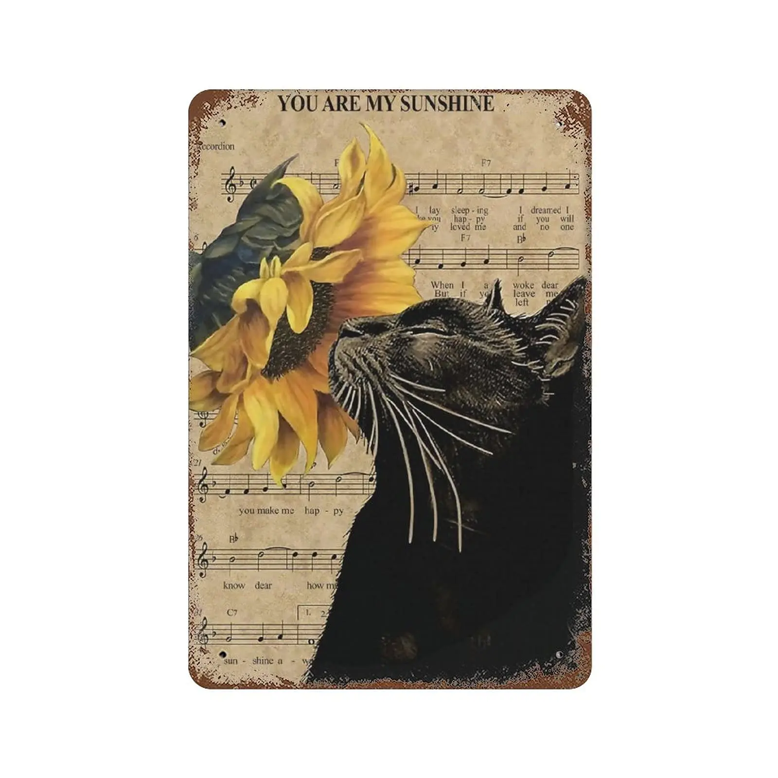 

Dreacoss Metal tin Sign，Retro Style， Novelty Poster，Iron Painting，Black Cat and Sunflower Lovers You are My Sunshine Tin Sign Wa