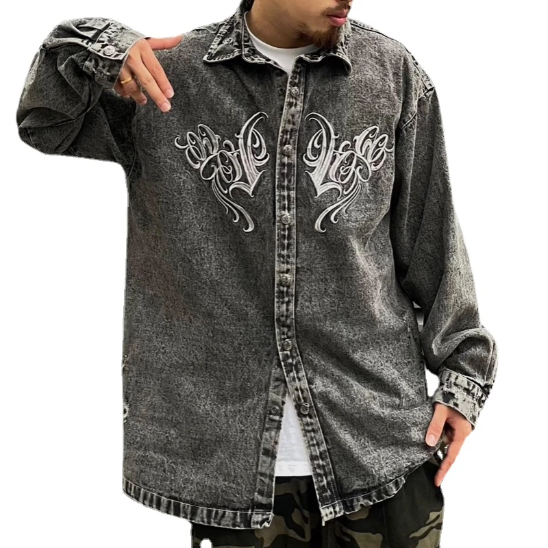 

Джинсовая рубашка в стиле хип-хоп, ретро, потертая, с вышивкой надписью, с длинным рукавом, свободная повседневная Уличная одежда в стиле Харадзюку