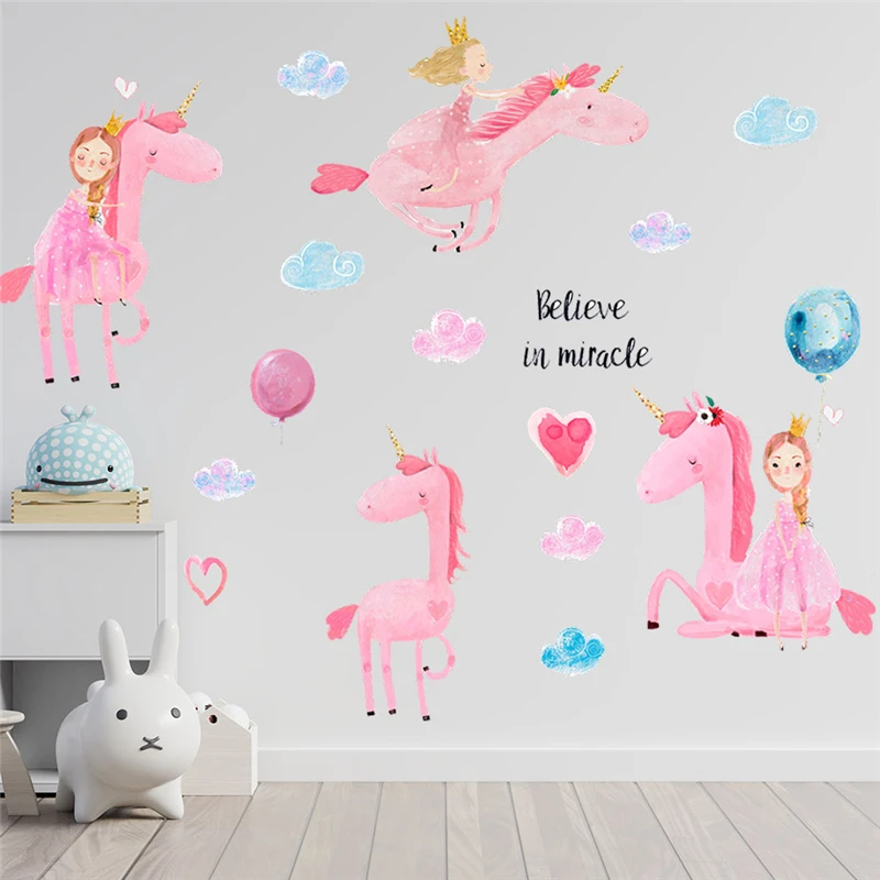 

Cartoon Pink Unicorn Colourful Cloud Wall Stickers For Kids Room Home Decoration Diy Animal Mural Art Girls Decals Pvc Posters