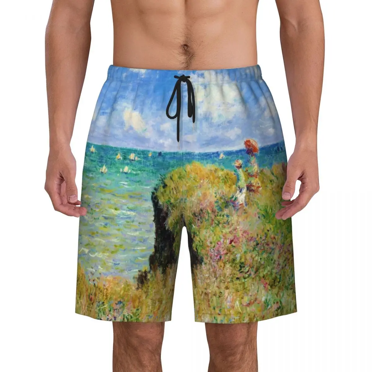 

Claude Monet Painting Print Mens Swim Trunks Quick Dry Beachwear Beach Board Shorts The Cliff Walk at Pourville Boardshorts