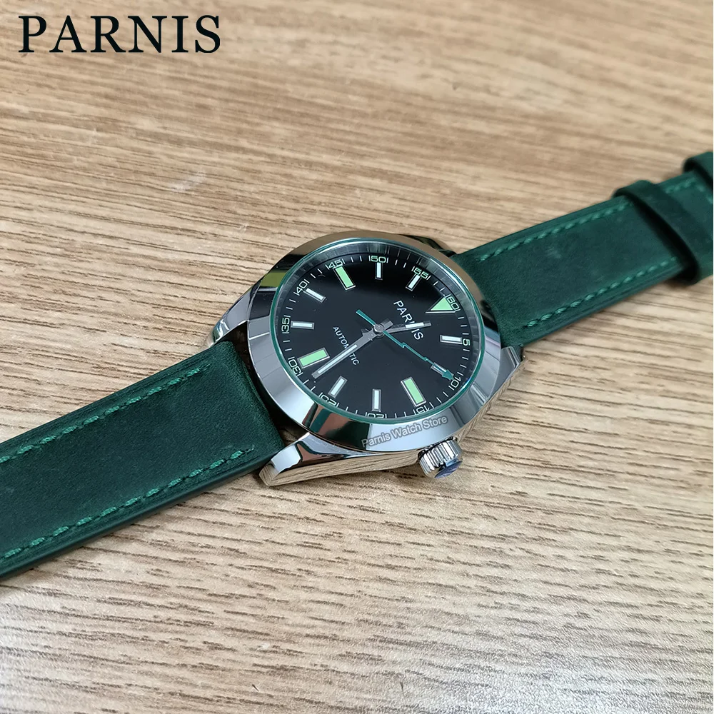 

2024 New Parnis 40mm Silver Case Mechanical Automatic Men Watches Sapphire Crystal Green Leather Strap Men's Watch