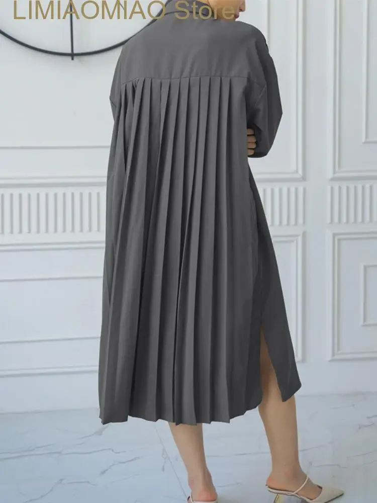 

Женское платье с отложным воротником, однотонное свободное повседневное Плиссированное Платье-рубашка с длинными рукавами, уличная одежда, новинка на лето