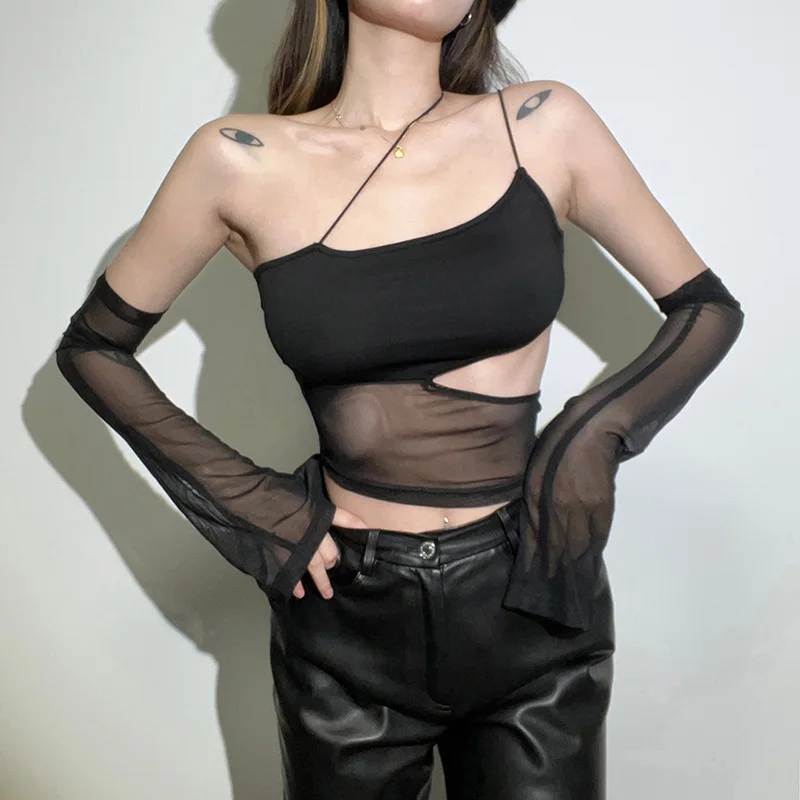 

Asymmetrical Mesh Crop Top y2k Clothes Women Gothic Cut Out with Sleeves Fairy Grunge Clothes Transparent Camisole Tank Tops