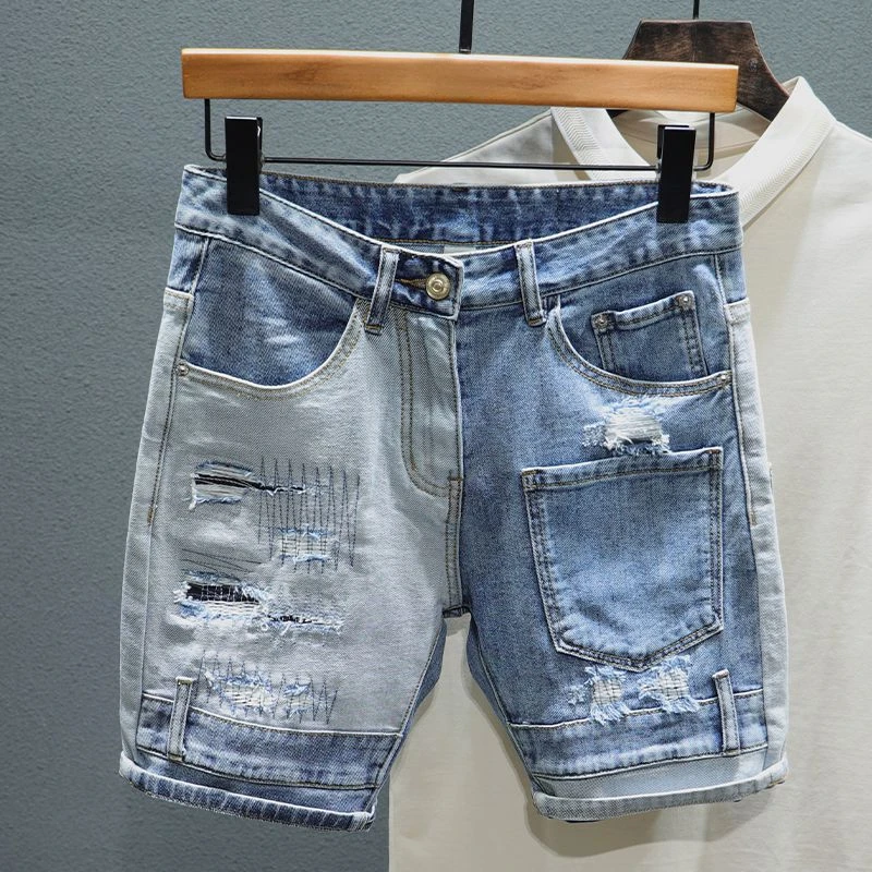 

Шорты-карго Y2k мужские рваные, джинсовые штаны с соединением, тонкие дизайнерские брюки, широкие брюки синего цвета в стиле Харадзюку, Y2k