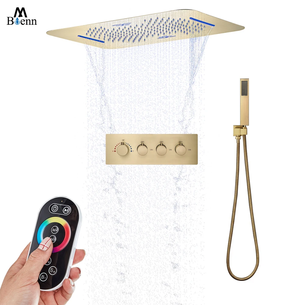 

M Boenn 3 Funtions Thermostatic Brushed Gold Shower Set System Concealed Ceiling LED Music Spa Shower head Bathroom Faucet Brass