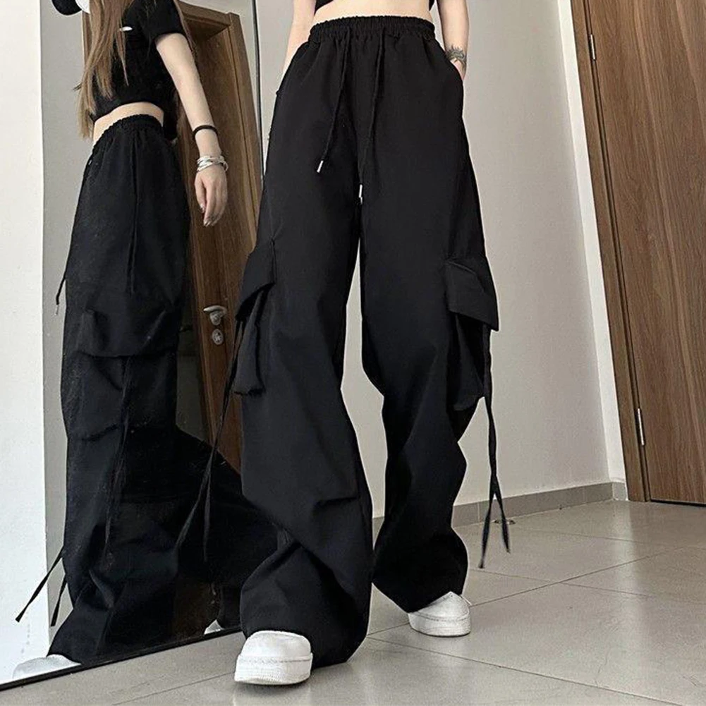 

Female Pockets Pants Autumn Spring Loose Quick-drying Straight Wide-leg Baggy Casual Elastic Waistband Fashion