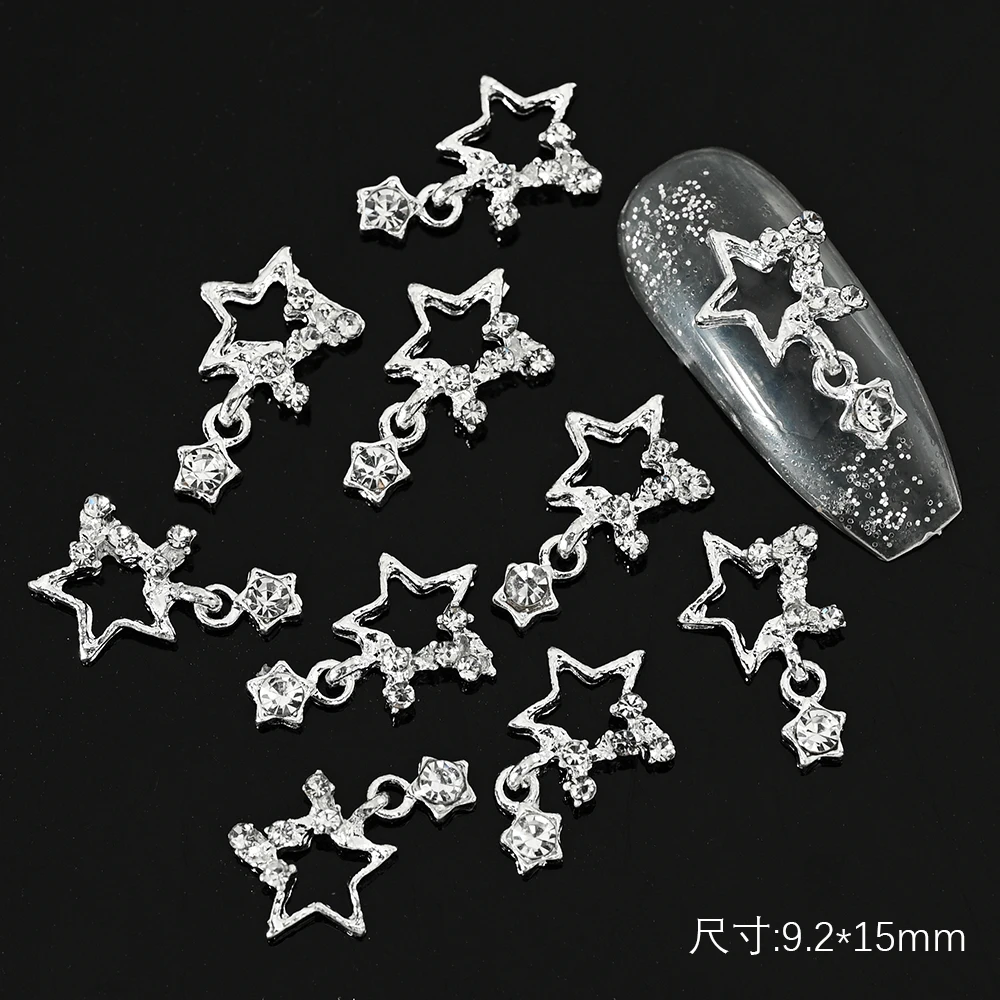 

10pcs Silver Pentagram Star Nail Art Charm Shiny Rhinestones Pendant Nail Dangle Luxury Jewelry Glitter Manicure Decoration