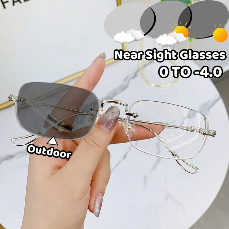 

Ultra Light Color-changing Finished Near Sight Eyeglasses Frameless Photochromic Myopia Glasses Anti-blue Prescription Eyewear