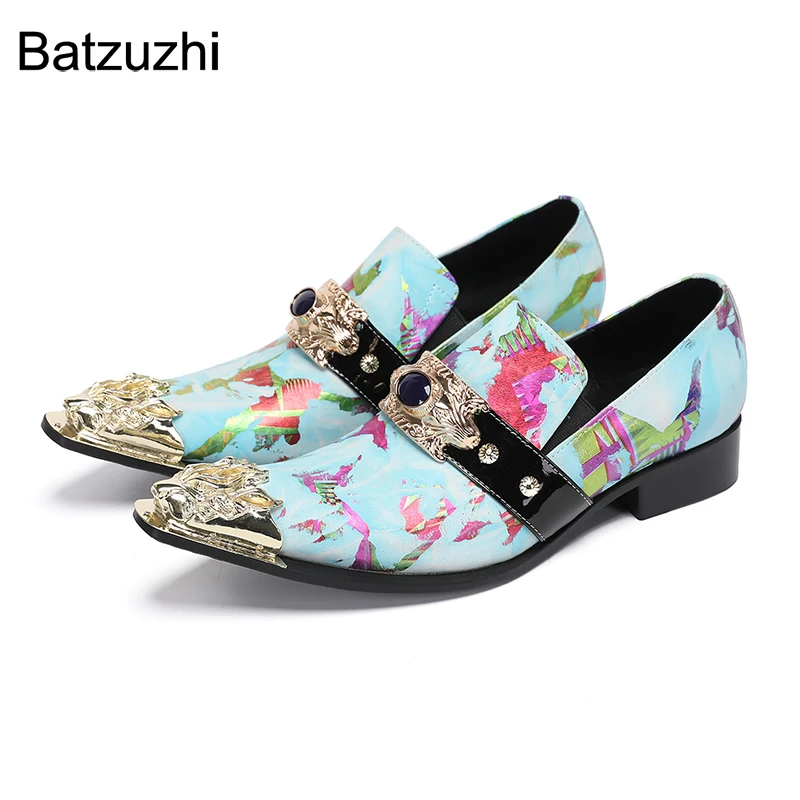 

Batzuzhi Italian Type Men's Shoes Iron Toe Blue Genuine Leather Dress Shoes for Men Slip on Formal Party, Business, Wedding Shoe