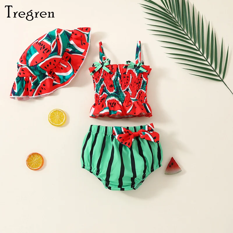 

Tregren 3-24M Infant Baby Girls 3pcs Clothes Sets Sleeveless Watermelon Print Camisole + Striped PP Shorts + Fisherman Hat