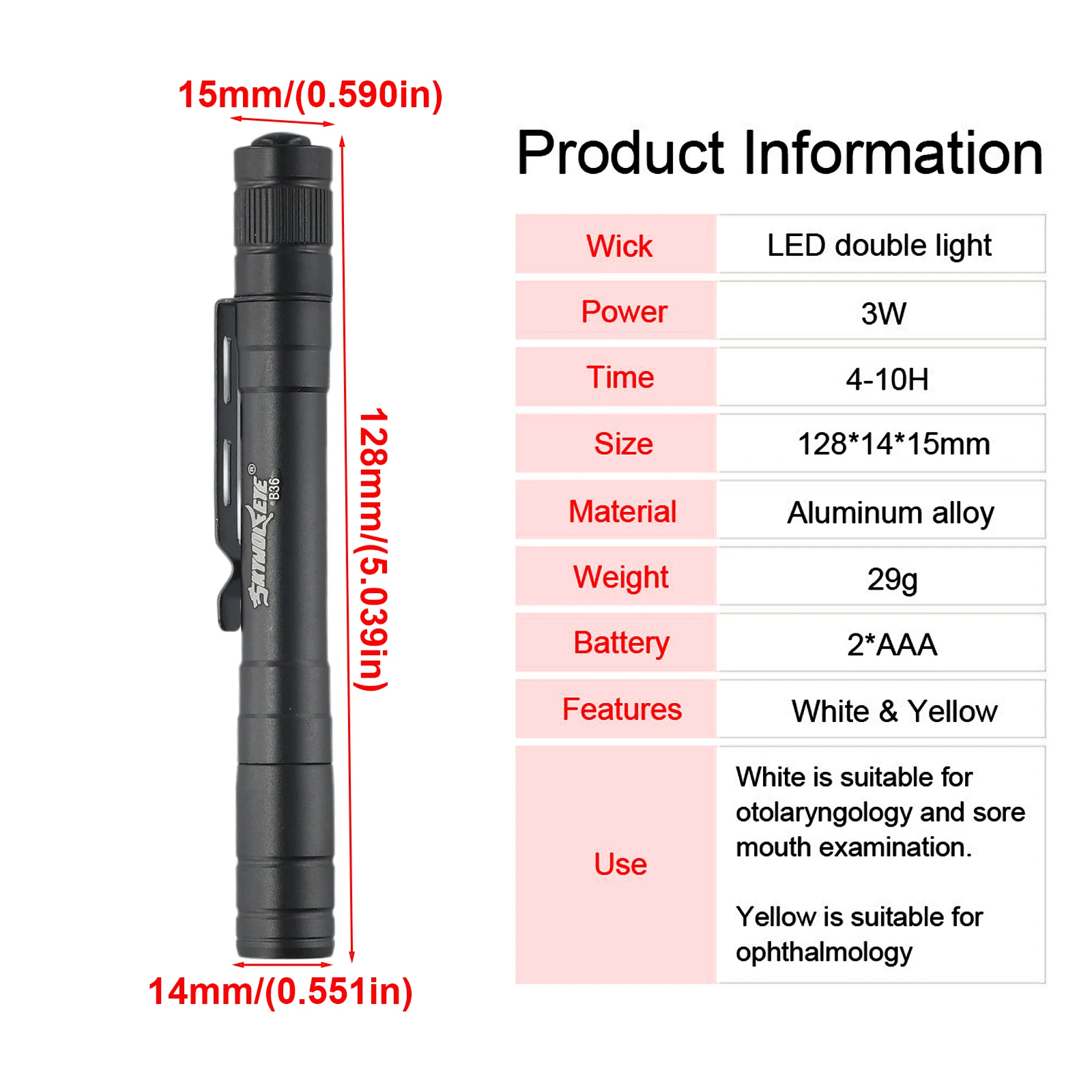 Yellow White Dual Light Source Medical Mini Pen Style Light LED Flashlight Pen Light Portable Clip Aluminum Alloy
Yellow White Dual Light Source Medical Mini Pen Style Light LED Flashlight Pen Light Portable Clip Aluminum Alloy