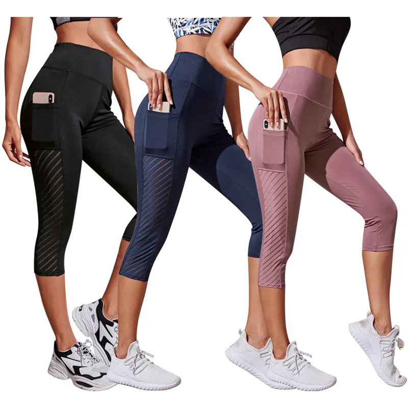 

Women Sport Shorts cropped pants Fitness Nudity High Waist Hip Lift Running Yoga Side Pockets Tights Quick Dry Gym Sportswear