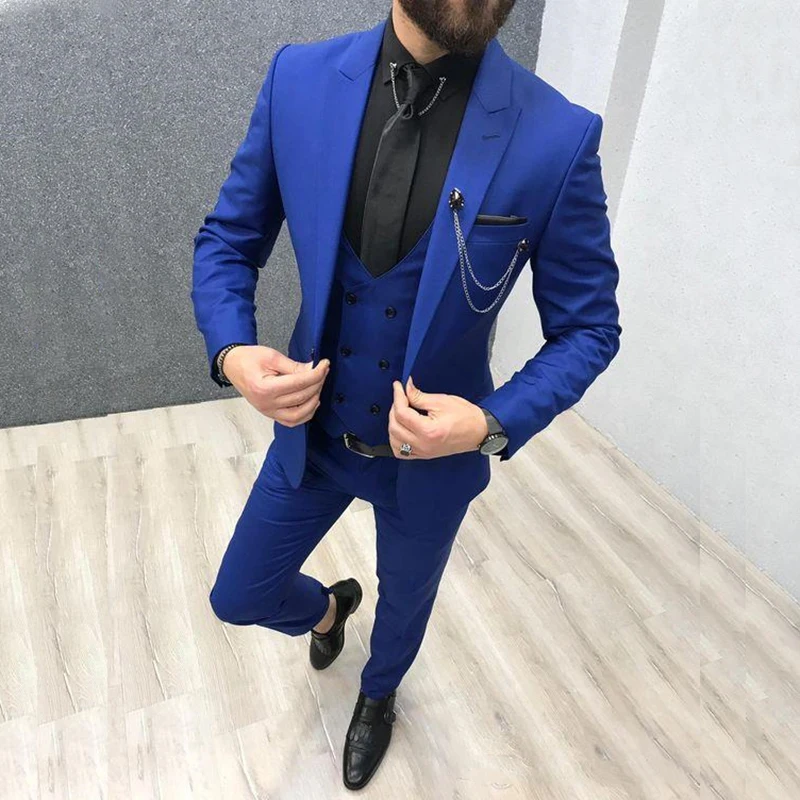 2023 Royal Blue Men Suits Peaked Lapel 3 Piece (jacket+pants+vest) Blazer Wedding Tuxedos Slim Fit Business Costume Homme
2023 Royal Blue Men Suits Peaked Lapel 3 Piece (jacket+pants+vest) Blazer Wedding Tuxedos Slim Fit Business Costume Homme