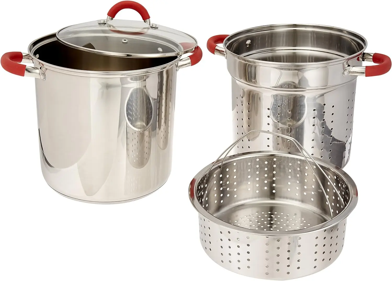 

Multifunction Stainless Steel Pasta Cooker with Encapsulated Base, Vented Glass Lid, and Riveted Silicone Covered Handles