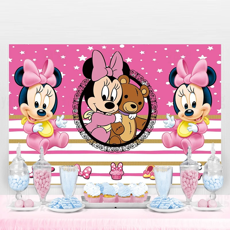 

Disney Cute Pink White Polka Dots Girls Minnie Mouse Background Birthday Vinyl Baby Shower Party Decoration Banner Backdrop