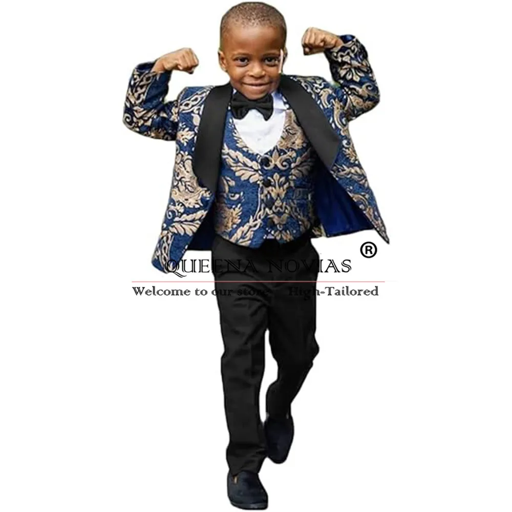 

Elegant Navy Jacquard Suit Boy For Wedding Party Shawl Lapel Jacket Vest Pants 3 Pieces Children Tuxedos Tailored Kids Clothing