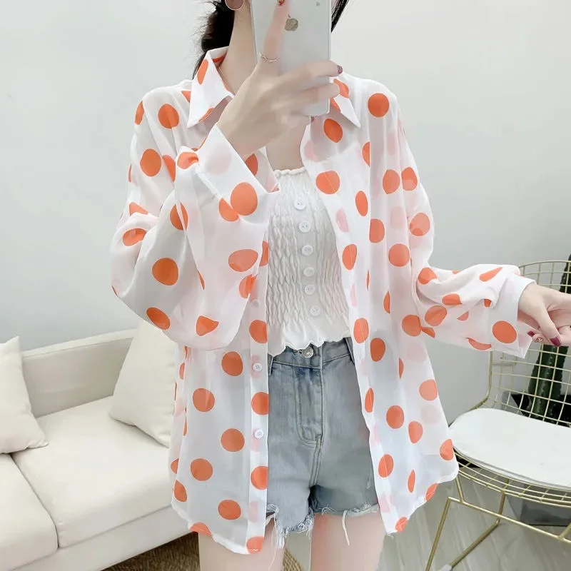 

Korean Female Summer New Loose Fitting Polka Dot Chiffon Sunscreen Clothes Top Coat Women Thin Cardigan Chiffon Sunscreen Jacket