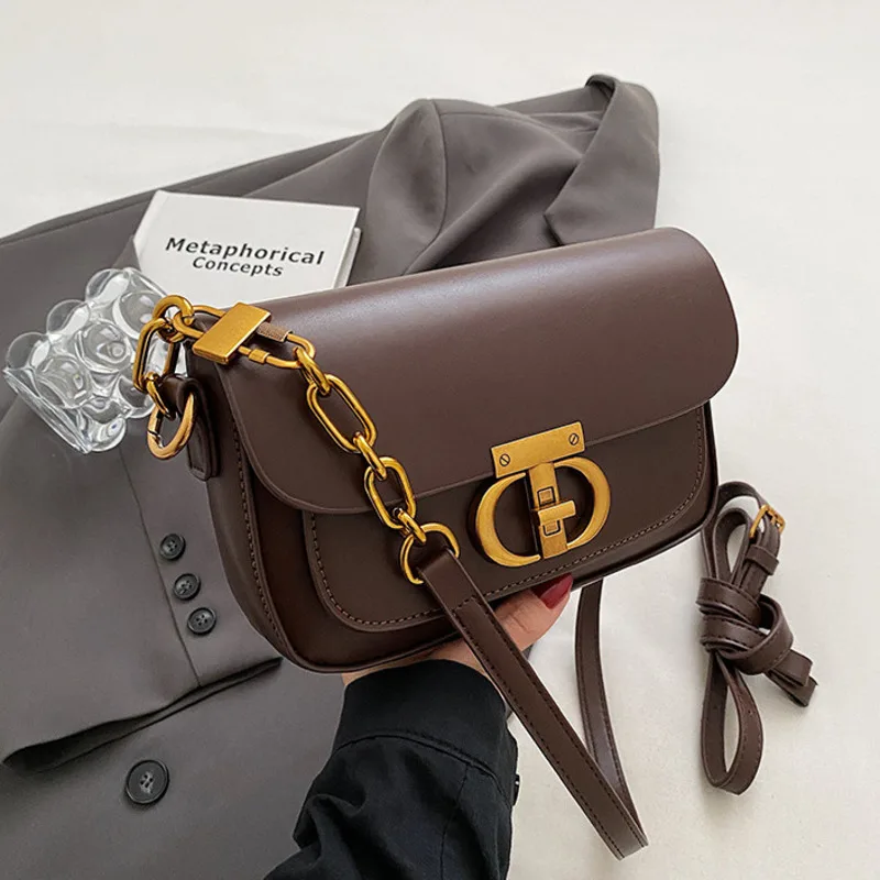 

Versatile Shoulder Bag，women Brand PU Leather Crossbody Retro Chain Metal Letter Lock Flap Messenger High Quality Shoulder Bag