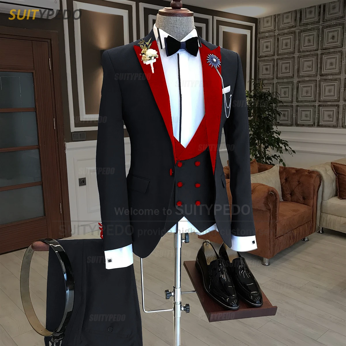 

Black Men Suit Slim Fit Fashion Red Velvet Lapel Blazer Vest Pants 3 Piece Tailor-made Homecoming Business Wedding Mens Tuxedos