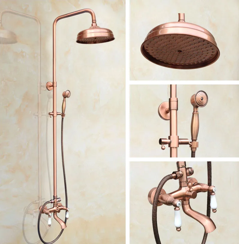 Antique Red Copper Bathroom Faucet Set Dual Ceramic Lever Handle 8" Rainfall/Handheld Shower Hot And Cold Water Tap Kit 2rg571
Antique Red Copper Bathroom Faucet Set Dual Ceramic Lever Handle 8" Rainfall/Handheld Shower Hot And Cold Water Tap Kit 2rg571
