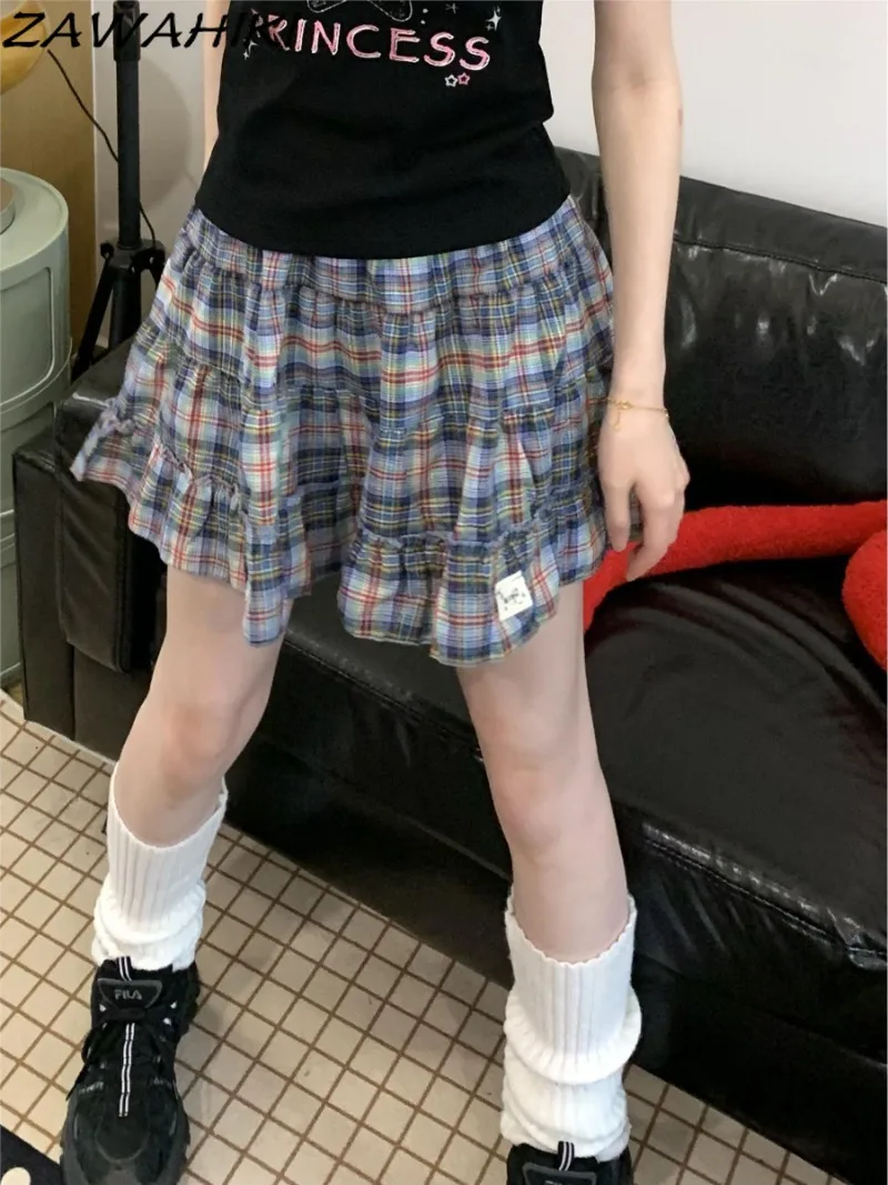 

Женская клетчатая юбка Y2k в стиле пэчворк с высокой талией, модные дизайнерские женские юбки с оборками, милая японская юбка в стиле преппи