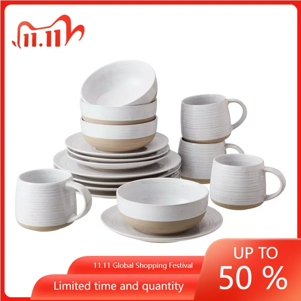 

and Ceramic Dishes to Eat Abott White Round Stoneware 16-Piece Dinnerware Set Tableware Porcelain Dish Serving Dishes Sets Bowls