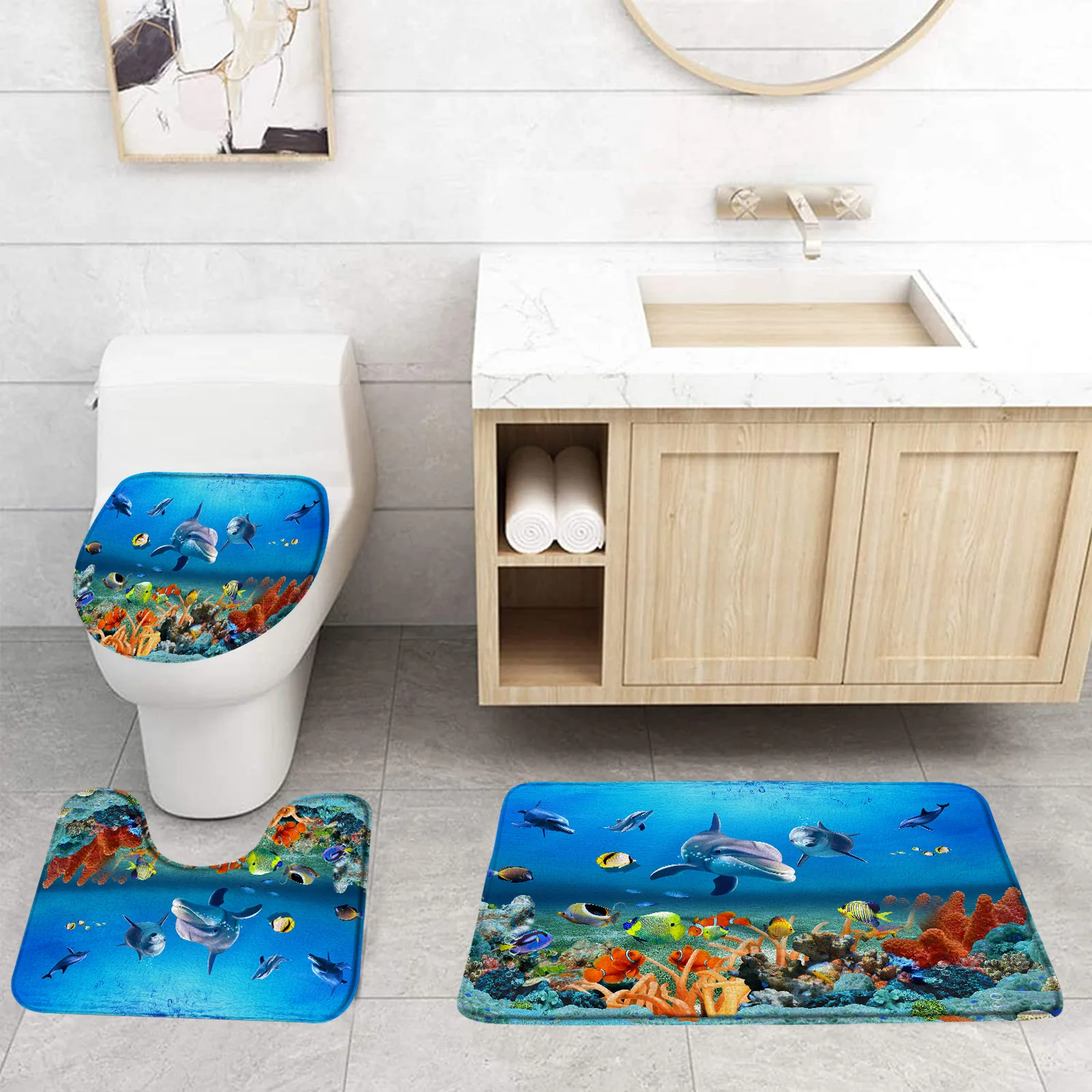Funny Dolphin Bath Mat Set Sea Turtle Fish Coral Ocean Animal Scenery Children Bathroom Decoration Non-slip Rug Toilet Lid Cover
Funny Dolphin Bath Mat Set Sea Turtle Fish Coral Ocean Animal Scenery Children Bathroom Decoration Non-slip Rug Toilet Lid Cover
