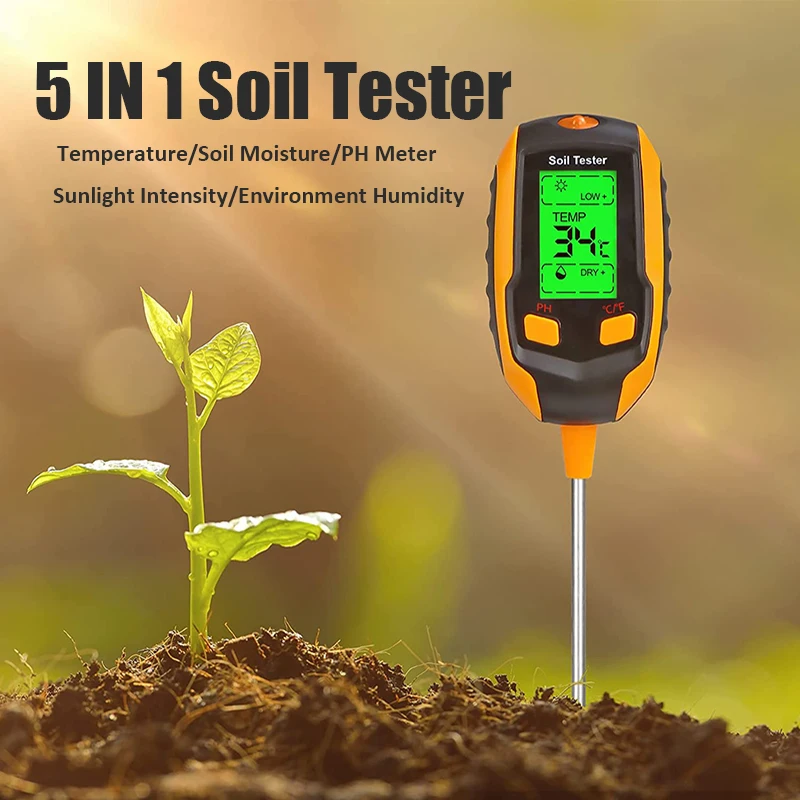 

5-in-1 Soil Tester Digital Temperature Soil Moisture Ph Meter Sunlight Intensity Environment Humidity Meter For Garden Farming