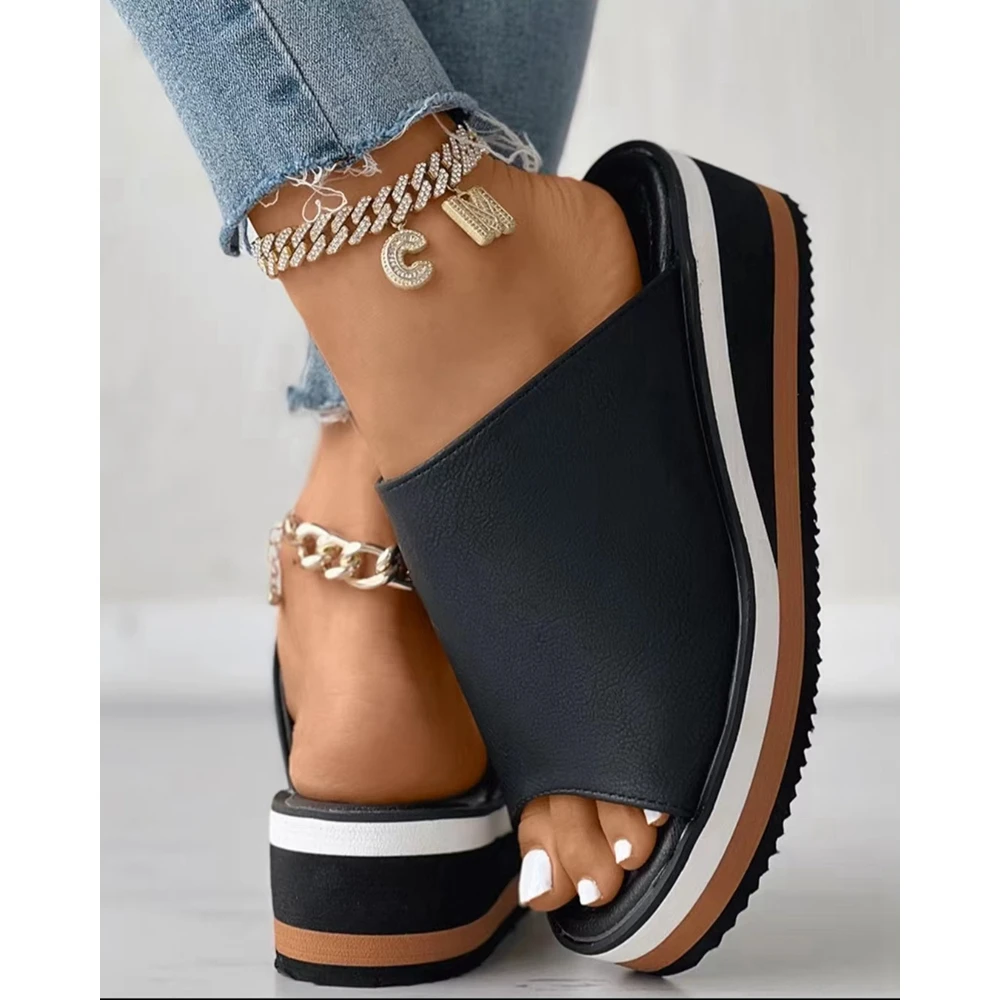 

Summer Women Contrast Paneled Peep Toe Wedge Slippers Casual Design Black Outdoor Beach Sandals Shoes Going Out Summer Shoes